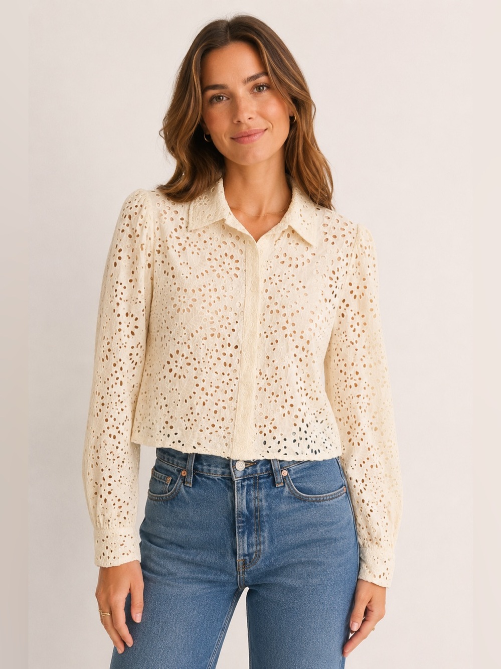 Joie Cream Eyelet Embroidered Puff Sleeve Button-Down Blouse Size M